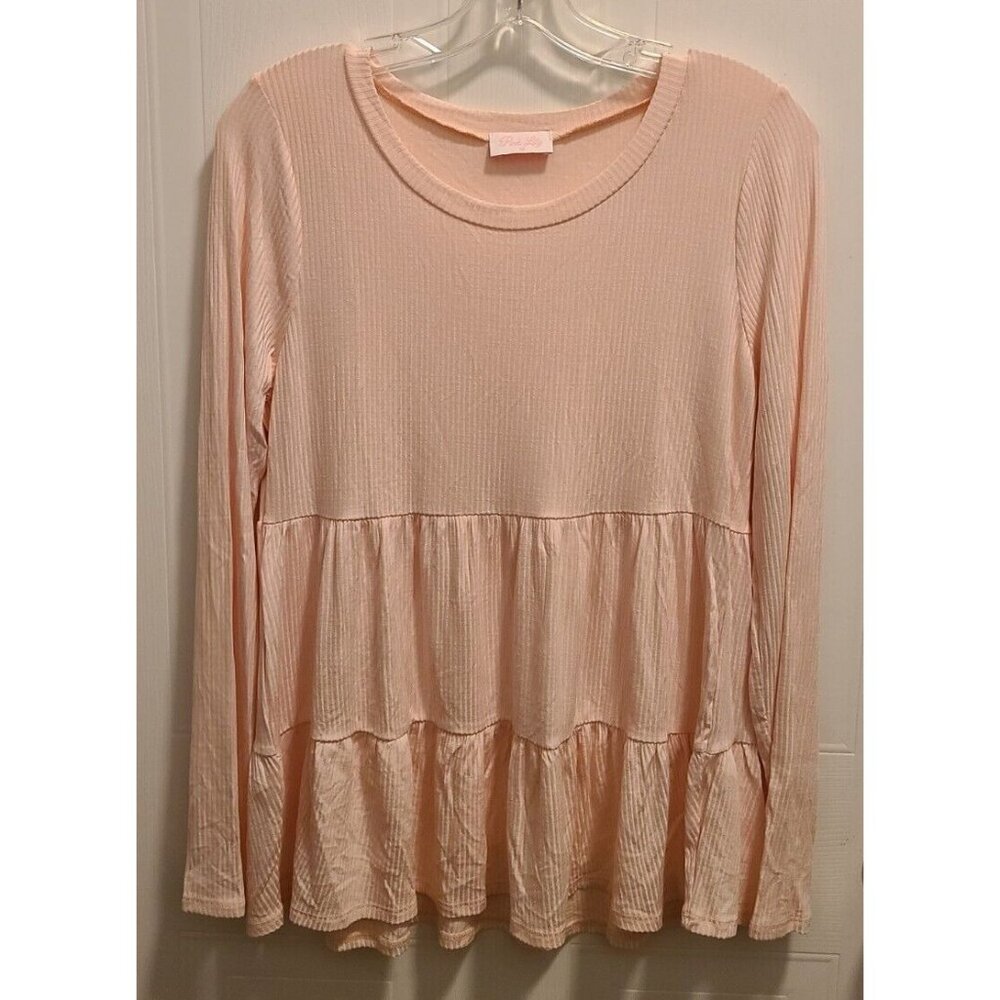 Pink Lily Women's Long Sleeve Tiered Soft Ribbed Blouse Top Light Pink Size‎ M